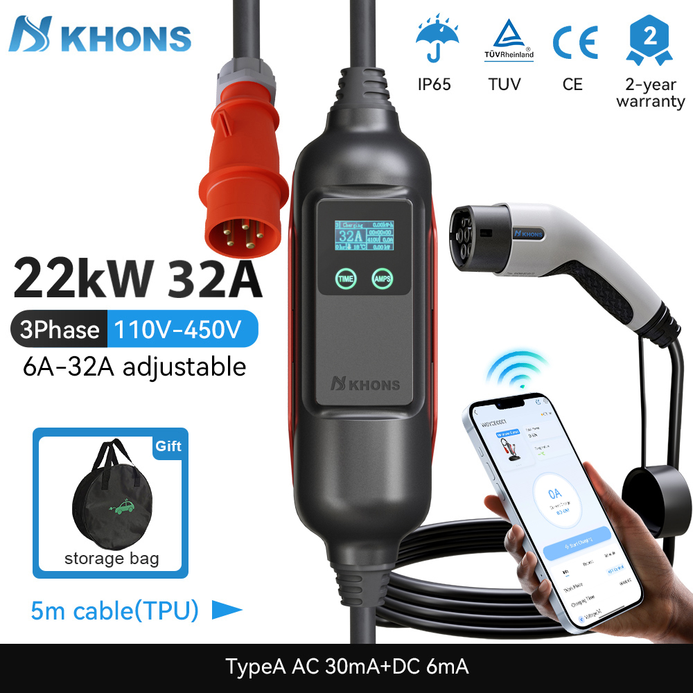 Ev Charger Type 2 22Kw 32A 3 Phase - Khons Tragbares EV-Ladegerät Typ2 32A 22KW