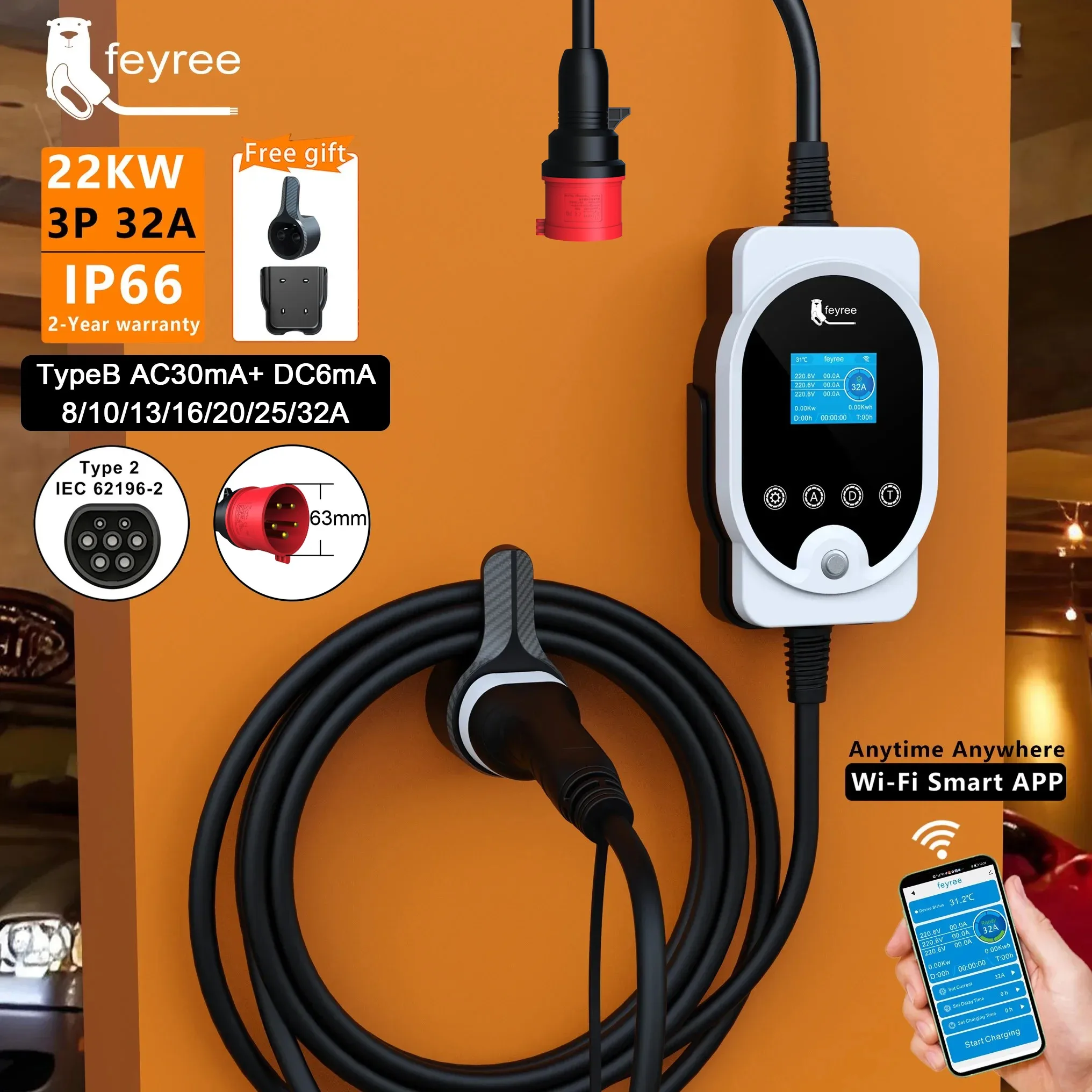 Feyree 22KW Typ2 Kabel EVSE Wa – Ev Charger Type 2 22Kw 32A 3 Phase Bewertung und Preis